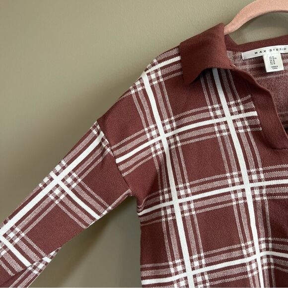 ✨ Max Studio Women’s Brown Plaid Collared Sweater Medium - Picture 5 of 11